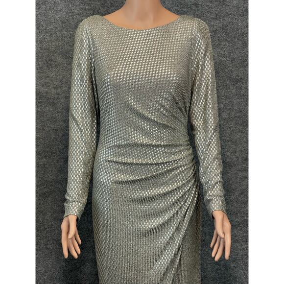 Eliza J Women's Sz 10 Silver Champagne Metallic Long Sleeve Draped Back Rushed. - Picture 5 of 12